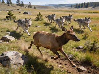 Obraz premium Gray wolf pack (Canis lupus) chasing elk (Cervus canadensis) across open grassy meadow in wild landscape.