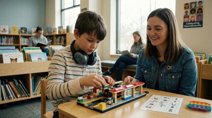 Fototapeta premium A young boy with headphones works on a technical building project at a desk with a woman, stem education, focused learning, mentorship.
