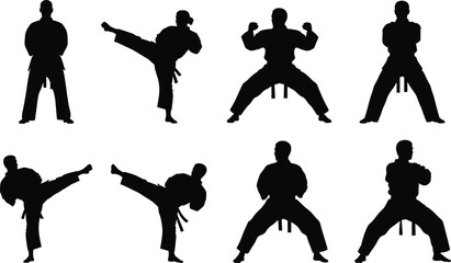Black silhouettes of martial arts fighters performing karate taekwondo and kung fu kicks and stances isolated on white background for sports and fitness design. © Khorshed