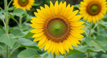 Close-up of vibrant sunflowers with their bright yellow petals and green leaves