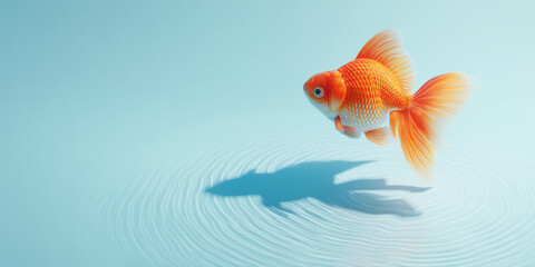 Fototapeta premium surreal hyperrealistic illustration of a large floating goldfish swimming through the air and casting water shadows to symbolize freedom and unconventional living, on a smooth pastel sky blue 