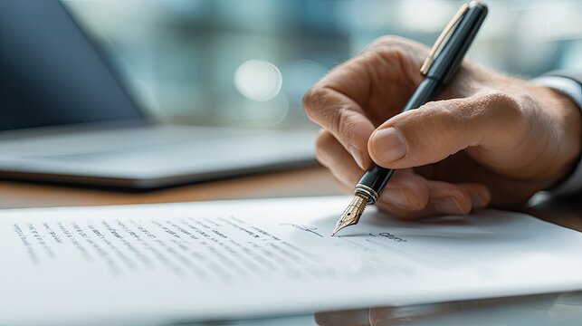 Close up of hand writing with pen on paper near a laptop focused on details