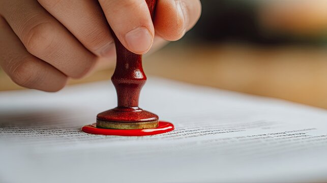 Close up of hand stamping document with red wax seal for legal approval