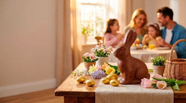 Chocolate Easter bunny and gold eggs on a table with a happy family in the background. Holiday celebration at home
