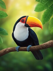 Fototapeta premium A vibrant toucan perched on a branch surrounded by lush green foliage in a sunlit forest
