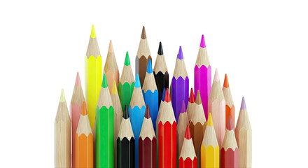 Cluster of colorful sharpened pencils against a white background