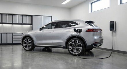 Fototapeta premium Electric vehicle (ev) charging in a modern garage promoting sustainable mobility