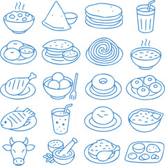 Set of 20 line art icons related Indian Food transparent