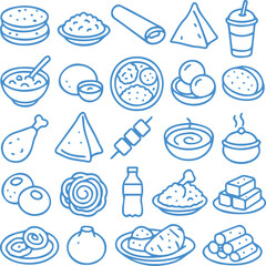 Set of 20 line art icons related Indian Food transparent