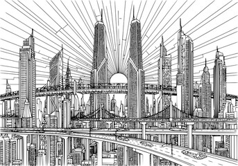 Fototapeta premium Futuristic cityscape with sleek skyscrapers and busy highway