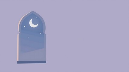 Islamic window arch with crescent moon at night creating a peaceful Ramadan atmosphere. Perfect for Ramadan greeting cards, Islamic posters, and spiritual backgrounds.