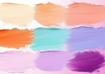 horizontal pastel acrylic paint swatches in cream, peach, coral, aqua, lavender and purple with visible brushstroke texture conveying a calm, playful mood