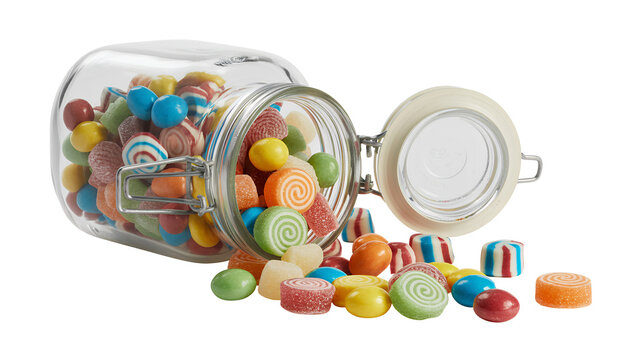 Colorful candies spilling out of a glass jar isolated on a transparent background