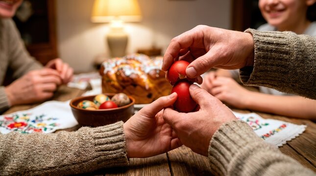 Close up of family hands cracking red Easter eggs at a wooden table. Traditional egg tapping game during holiday dinner