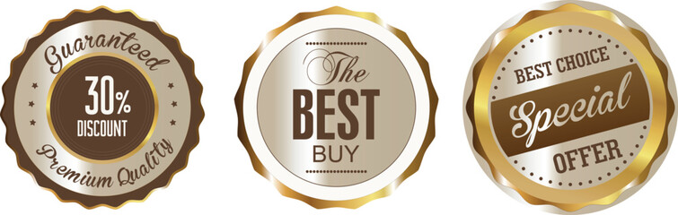 Three gold and brown special offer stickers on a white background