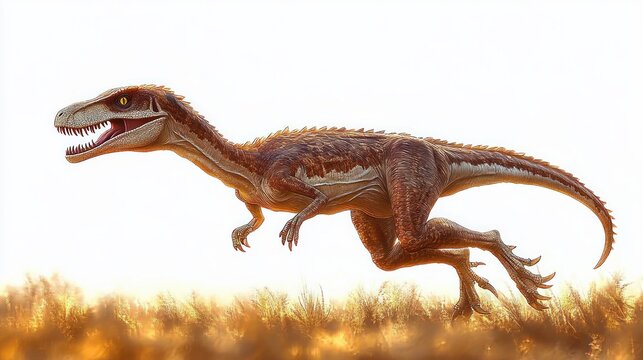 Fierce predatory dinosaur sprinting through golden grass at sunrise with open jaws and spiky back, dynamic and energetic