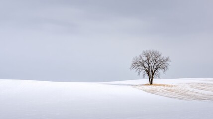 Fototapeta premium Snow Covered Field Features Small Tree on Right Side and Large Sky With Cloudy Atmosphere During Winter Season