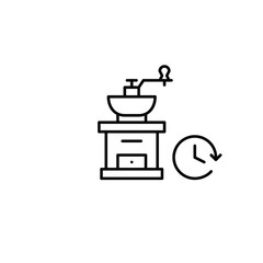 Coffee grinder and clock. Espresso brewing, cafe working hours. Auto-start coffee preparation. Pixel perfect, editable stroke vector icon