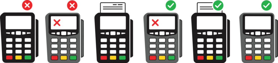 Payment Terminal Icons Set Showing Successful and Failed Transaction Status with Green Check Marks and Red Cross Symbols for POS Retail Business Design