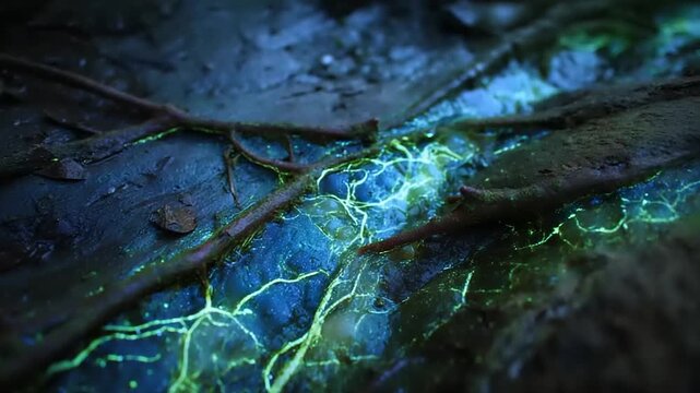 Glowing Mycorrhizal Network in Forest Soil.