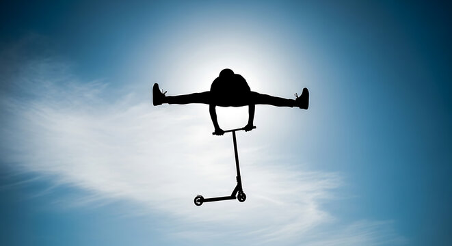 Dynamic silhouette of an athlete performing an exhilarating scooter stunt against a bright sky, capturing extreme sports action