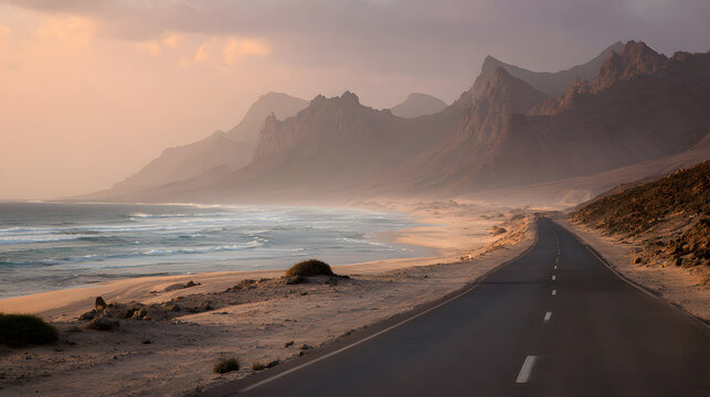 A seaside road with the Cape Verde mountains in the background. An illustration of an African natural landscape background.