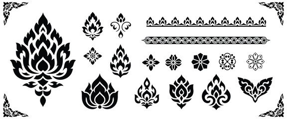 Traditional Thai Decorative Elements Featuring Floral and Lotus Ornamental Motifs, Classic Cultural Style Frames and Borders for Branding, Packaging © Raxzen