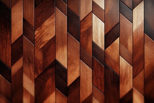 warm geometric chevron wood parquet with rich brown tones, visible grain and polished sheen conveying an elegant cozy feel