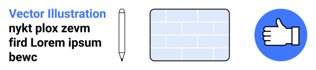 Obraz premium Creative design, education tools, online approval, teamwork concepts, teaching resources, feedback. A pen, brick wall and a thumbs-up icon in blue and white. Education tools and online approval