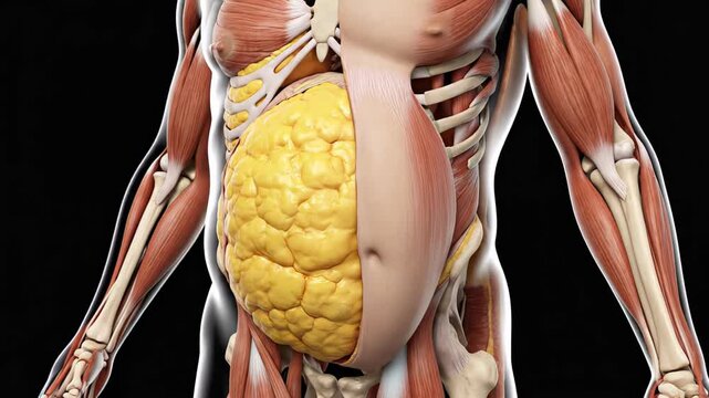 Male anatomy transitioning from overweight with excessive visceral fat to a healthy, muscular physique, illustrating the process of weight loss, fat burning, and muscle gain for health and fitness