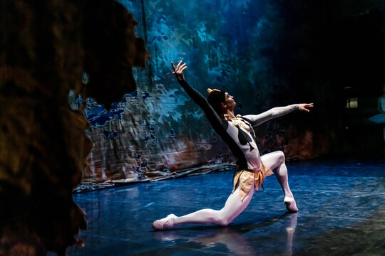 Male ballet dancer in costume on stage in theatrical dance show.
