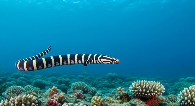 Majestic banded sea krait gracefully glides through vibrant coral reef in clear blue ocean waters