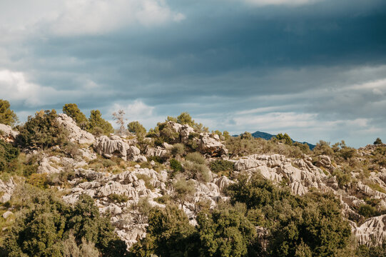 Rock formations and dramatic clouds in Serra de Tramuntana, Mallorca