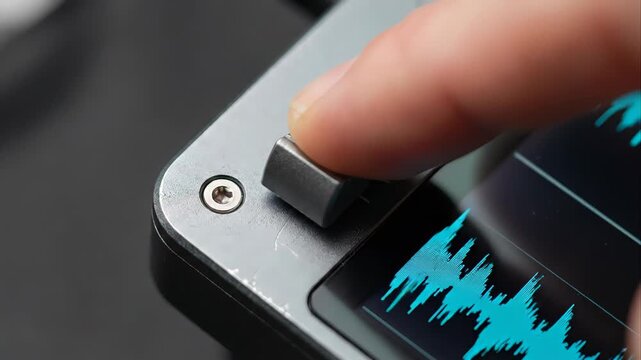 Extreme close up of a producer's finger sliding a fader on a digital mixing console to adjust the audio levels, with the waveform changing on the integrated display of the professional equipment