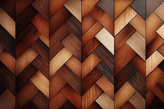 Interlocking angled wooden planks arranged in vertical herringbone chevron bands with varied brown tones and visible grain, creating a warm cozy textured surface