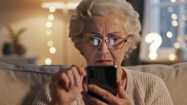 Puzzled senior woman with glasses sitting on the sofa at home, feeling frustrated and confused while trying to understand and use her new modern smartphone for the first time