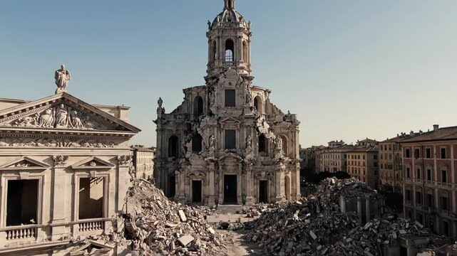 Dramatic aerial footage revealing a war torn city square, with a historic baroque church standing amidst widespread destruction and rubble from bombed buildings under a clear sky. earthquake