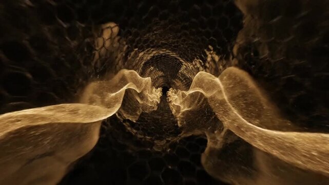 Abstract close-up shot of swirling golden smoke or fog on a dark background with a warm, cinematic lighting effect and a mysterious mood.