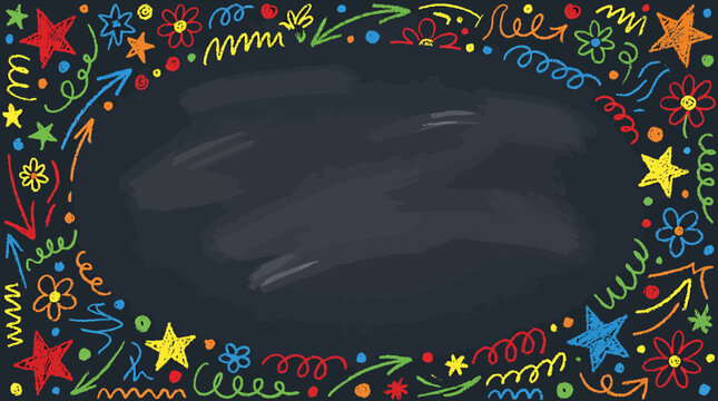 Colorful Chalkboard Border with Playful Doodles and Stars. Vector Illustrations. EPS Editable