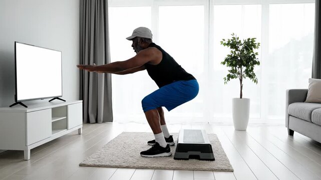 Elderly african american man performing squats during a home workout in his living room, following an online fitness class on a television with a white screen, promoting an active senior lifestyle