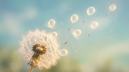 Obraz premium Dandelion seed head releasing seeds into the air with soft background 