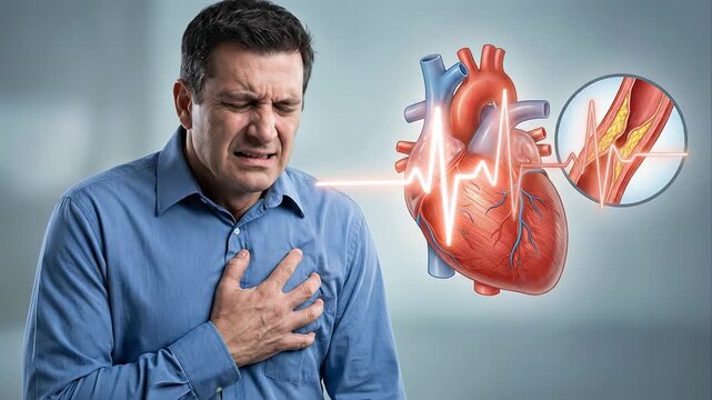 Medical animation showing a man suffering a heart attack due to cholesterol plaque buildup in his arteries, illustrating the connection between atherosclerosis and myocardial infarction