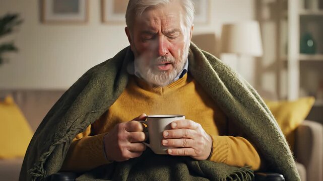 Unwell senior man with a fever wrapped in a warm blanket, trying to get warm by drinking a hot beverage from a mug to relieve his flu symptoms and feel better at home during his recovery