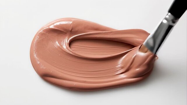 Macro top view of a cosmetic brush smearing a creamy, beige foundation on a white background, creating a smooth and glossy texture for a professional makeup and beauty concept