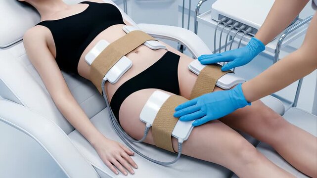 Female patient receiving non invasive body contouring treatment in a modern clinic as specialist applies electrodes for muscle stimulation and fat reduction on abdomen and thighs