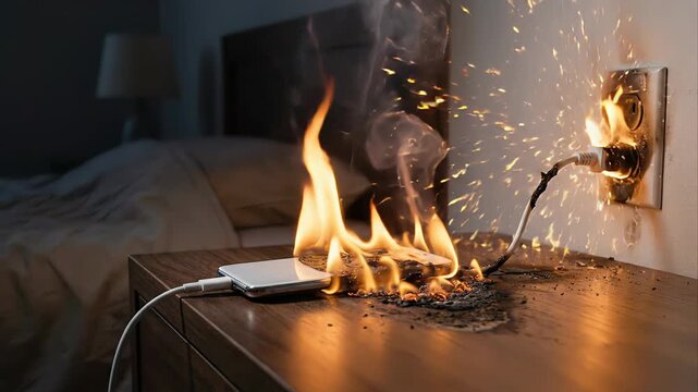 Dangerous situation showing a mobile phone charger short circuiting and catching on fire while charging on a wooden bedside table in a bedroom, causing a serious electrical hazard at home