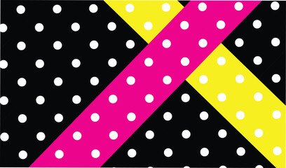 Fototapeta premium Abstract black background with white polka dots and overlapping pink and yellow geometric shapes, modern design element for graphic resources and website decoration