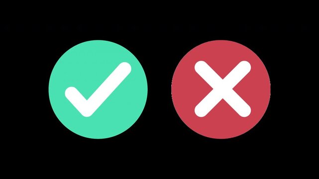 Yes No animation icon bounce effect. Checkmark and Cross mark symbols. Tick sign green color and X sign red color. Bouncing yes and no choice symbols. Alpha channel transparent background. 4K video