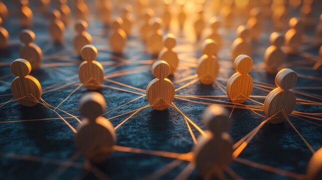 wooden figurines linked by glowing orange threads on a dark surface, bathed in warm golden light, conveying connection, collaboration and community