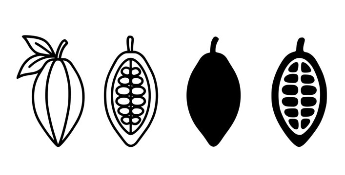 Set of 4 simple cocoa beans vector icons, transparent background PNG